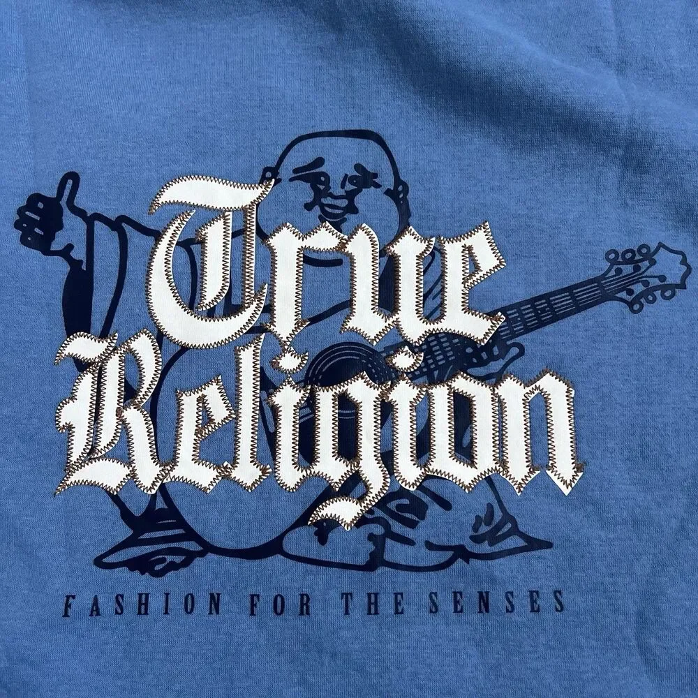 True Religion Hoodie Mens Size Small Blue Zip Up Buddha Horseshoe Logo NWT Y2K